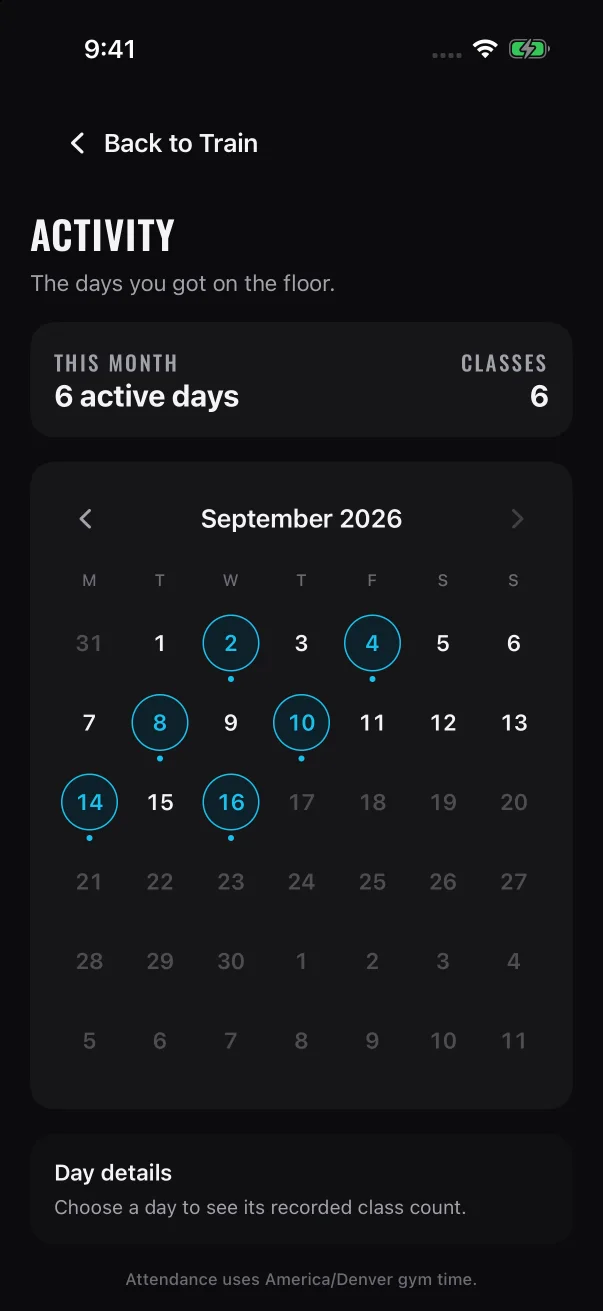 Highlighted days have a recorded class, faint days haven't happened yet, and the note at the bottom names your gym's time zone.