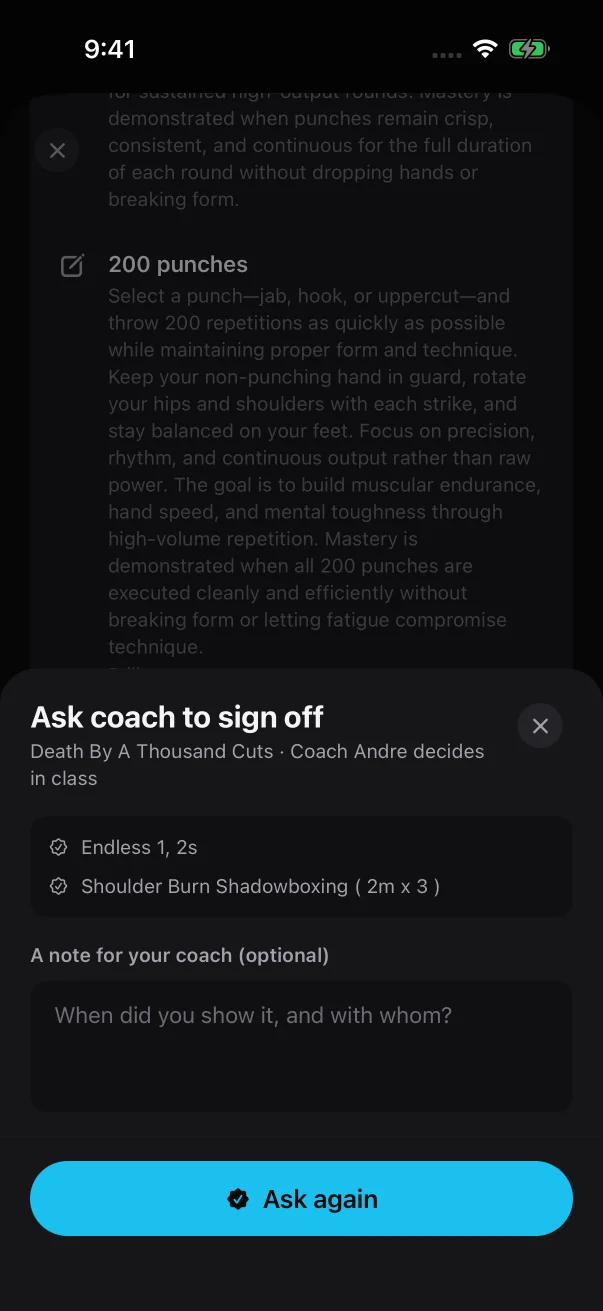 After a send-back, the button in the sheet reads Ask again.