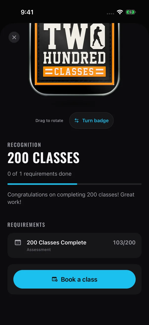 A class milestone counts up on its own. This sample member is at 103 of 200.