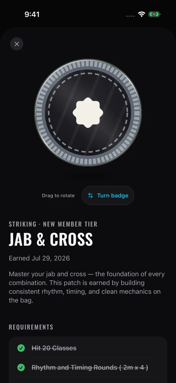 An earned patch opened from the Locker, with the full date you earned it under its name.