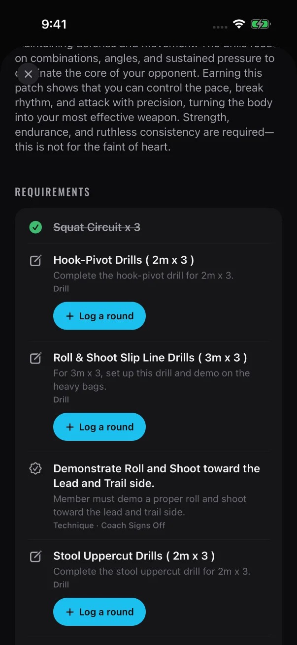 After one tap, the first drill is ticked off and crossed out.