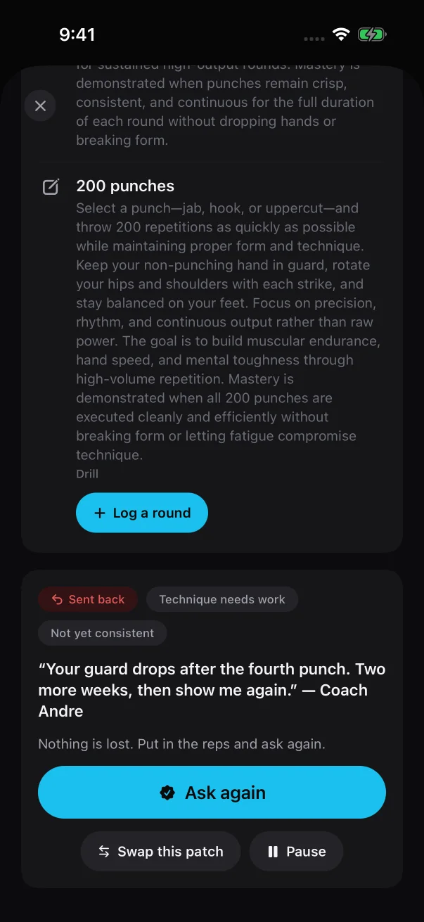 A sent-back request shows your coach's reasons and note above the Ask again button.