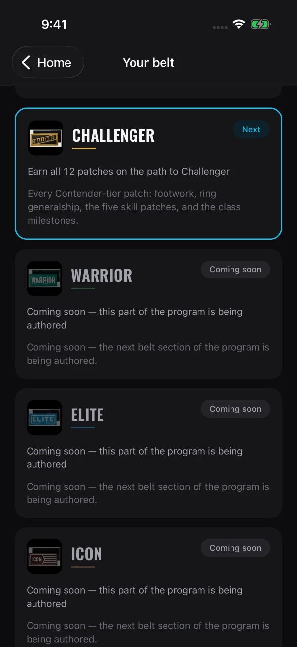 Belts higher up the ladder show "Coming soon" until your gym's program adds them.