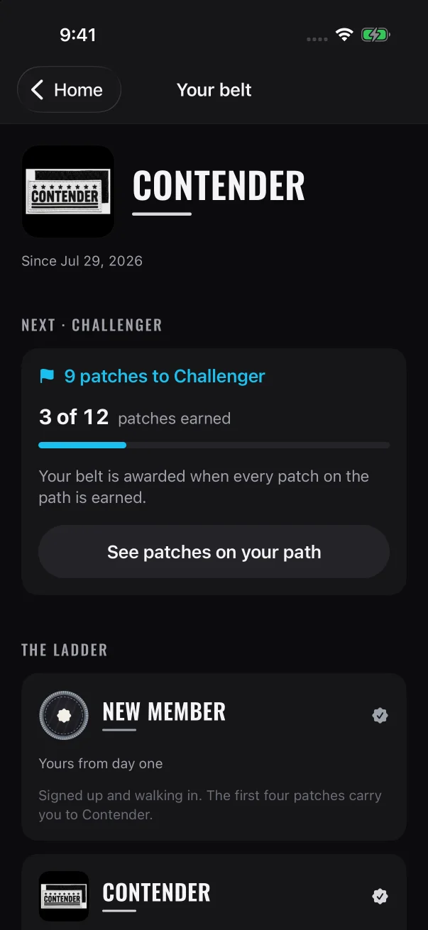 "Next" shows how many patches stand between you and your next belt. See patches on your path opens your Journey to show which ones.
