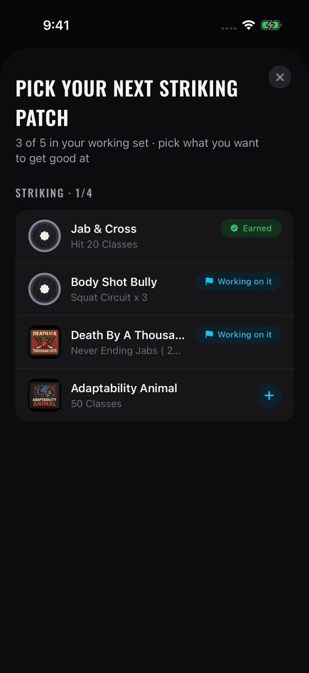 Tapping a circle opens the patch list, narrowed to one type of patch.