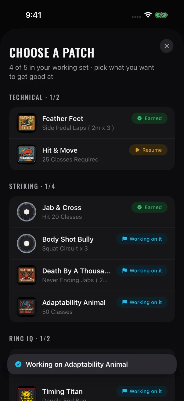 The new patch reads "Working on it", and the count moved from 3 to 4 of 5.