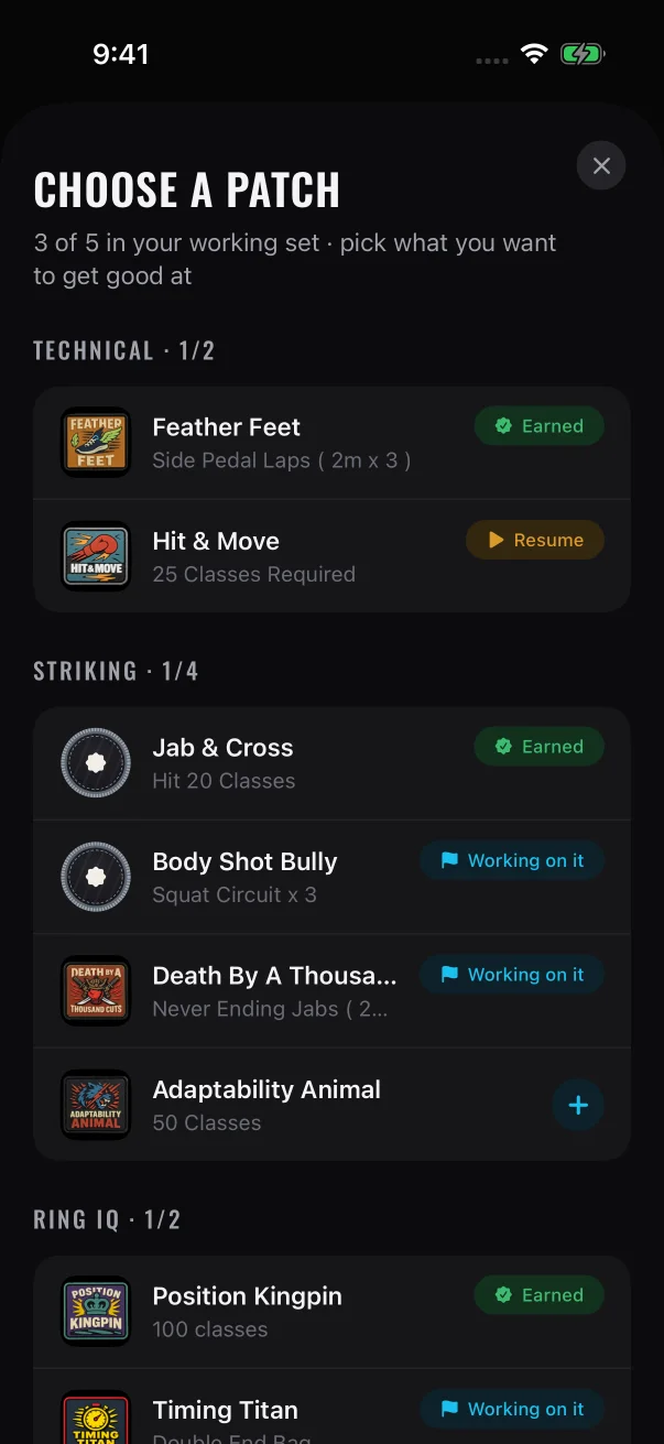 Choose a patch shows how many slots are in use and what state each patch is in.