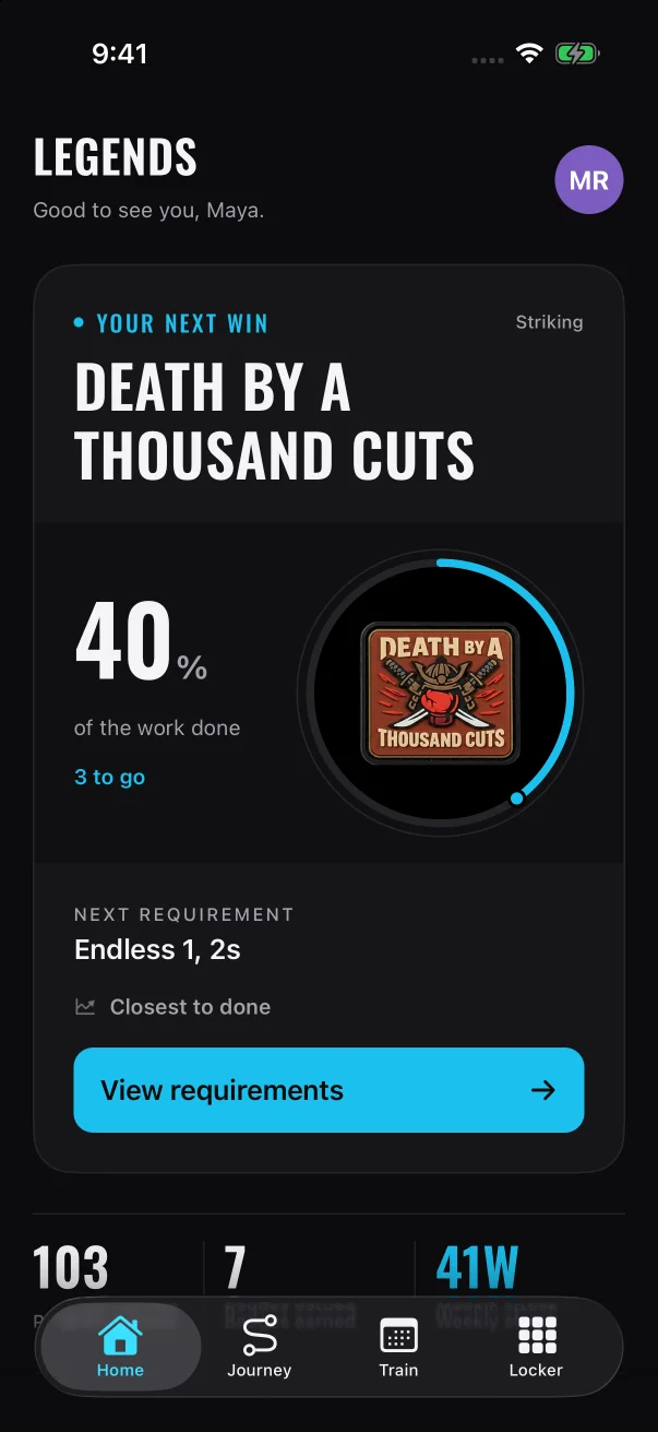Home opens on "Your next win": one of the patches you're working on, how much of it is done and the next requirement to tackle.