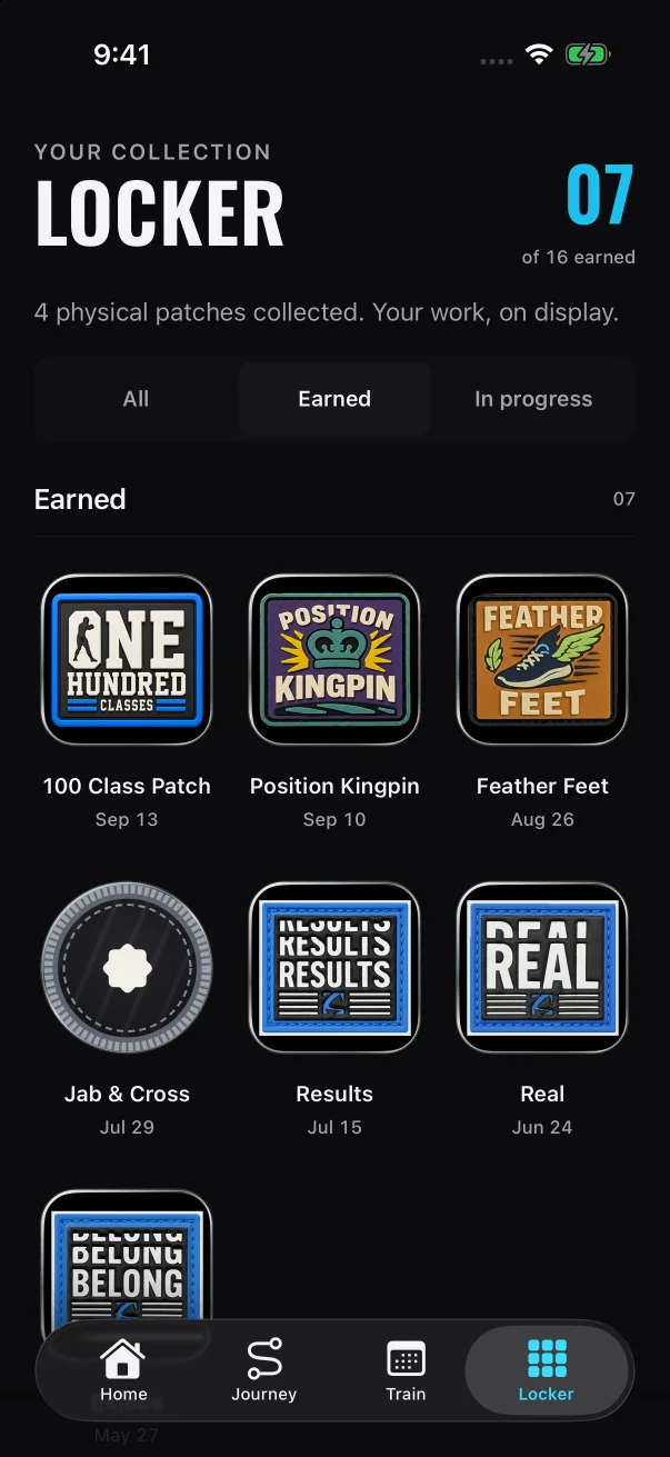 The patch you earned sits in your Locker's Earned list with its date.