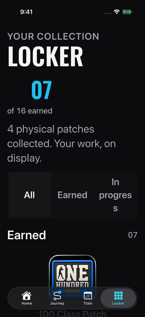 At a very large text size, the counter moves under the title and the patches line up in a single column.