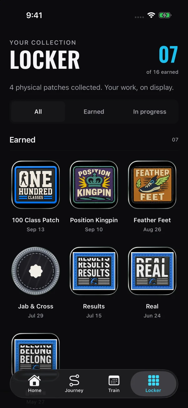 The top of the Locker: your count of earned badges, your physical patches, the filter and your newest badges first.