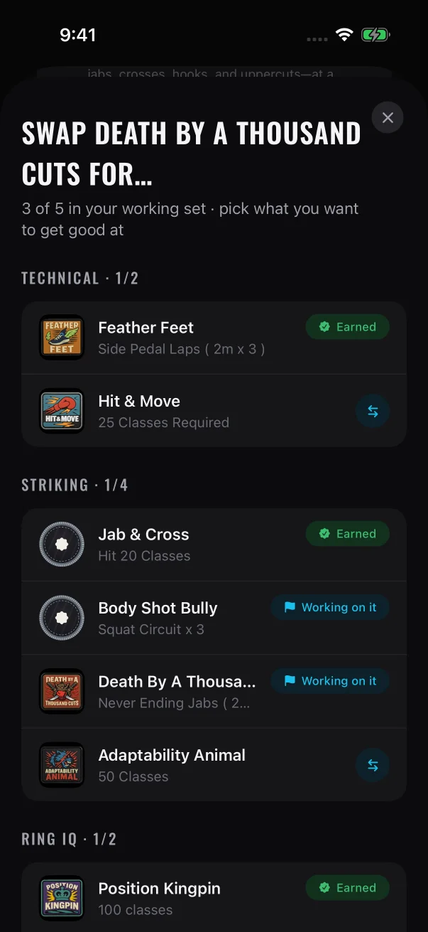 In swap mode, the patches you can switch to show a two-way arrow instead of + or Resume.