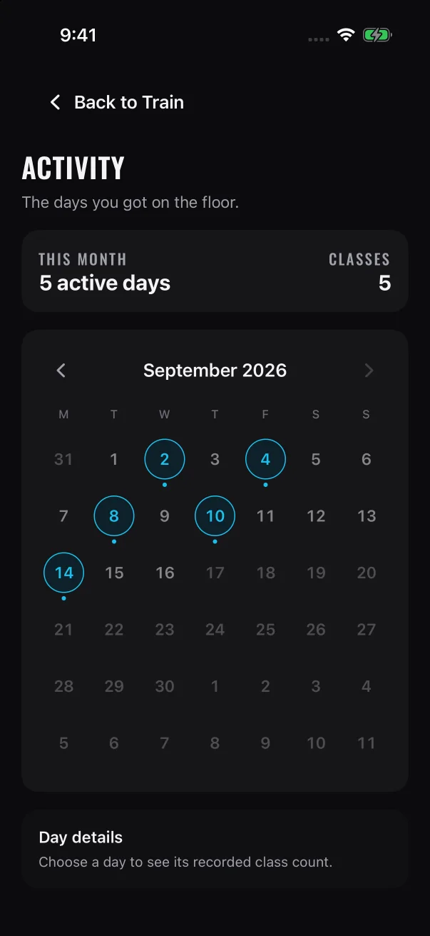 The activity calendar opens on this month. Highlighted days are days a class was recorded.
