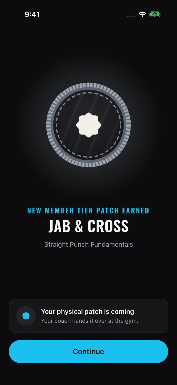 When a sign-off completes a patch, the celebration names the patch you earned.