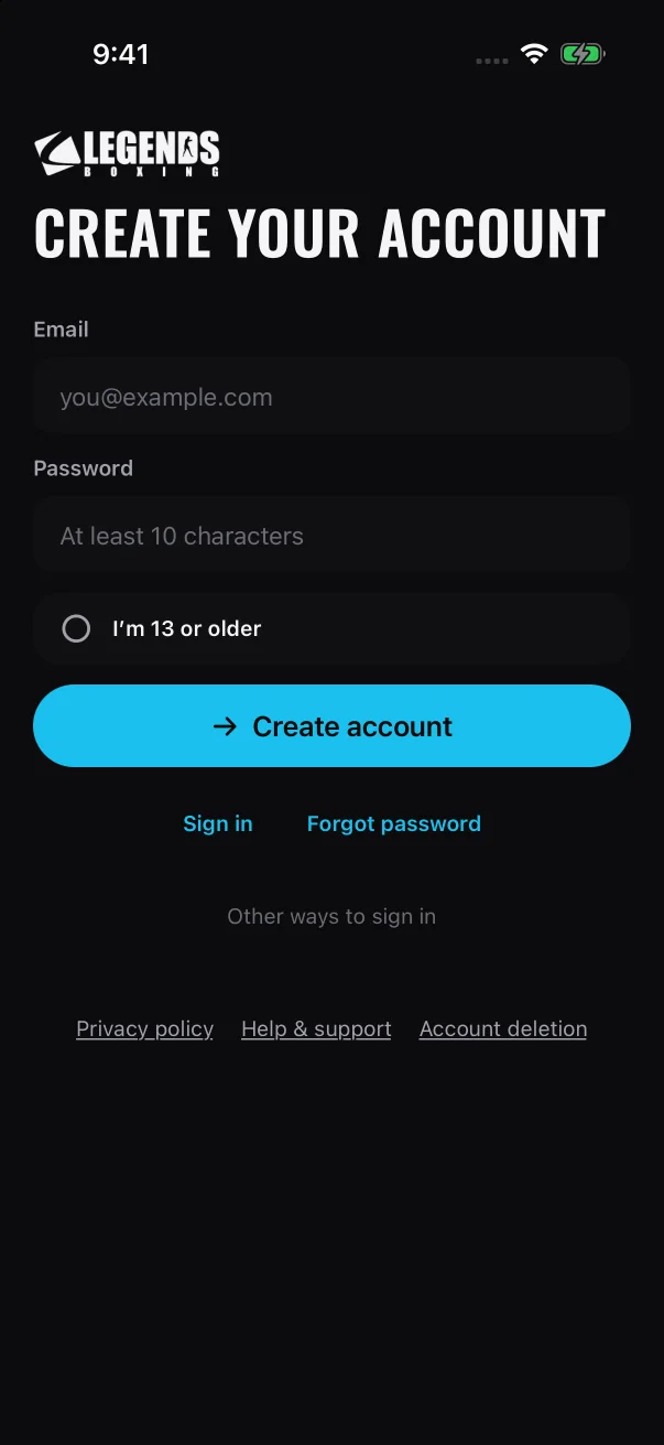 The sign-up form asks for your email, a password and your age confirmation, but not your name.