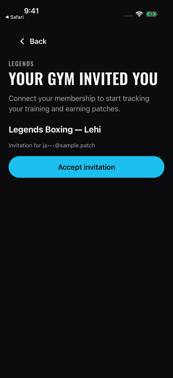 Check the gym name, then tap Accept invitation.