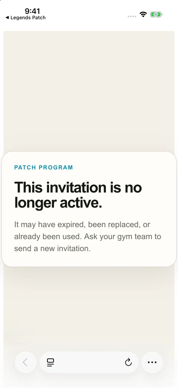 A used, replaced or expired link opens this page instead. Ask your gym team for a new invitation.