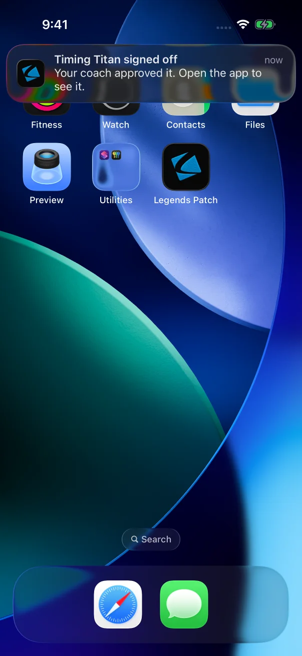 A sign-off notification names the patch, and tapping it opens that patch.