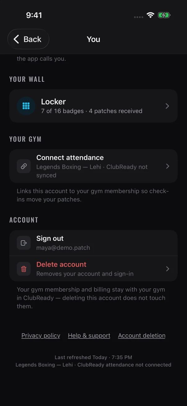 The bottom of You shows when the app last refreshed and how your gym is connected.