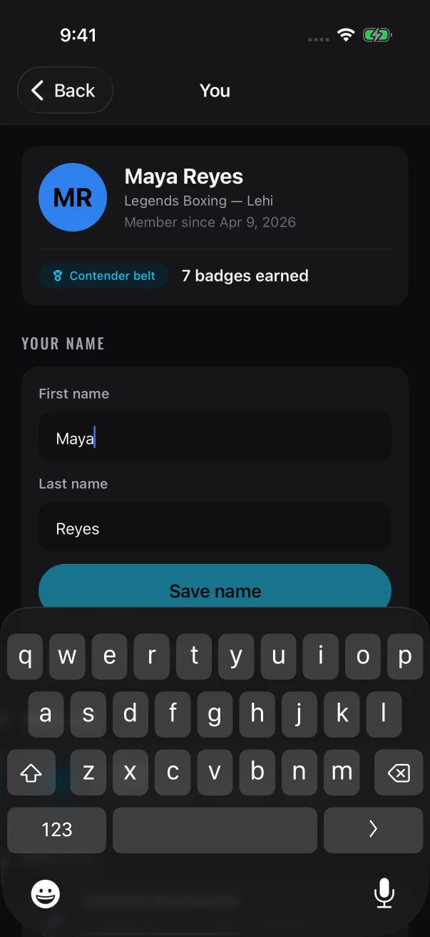 Tap a name field and the keyboard opens. The Save name button is under the fields.