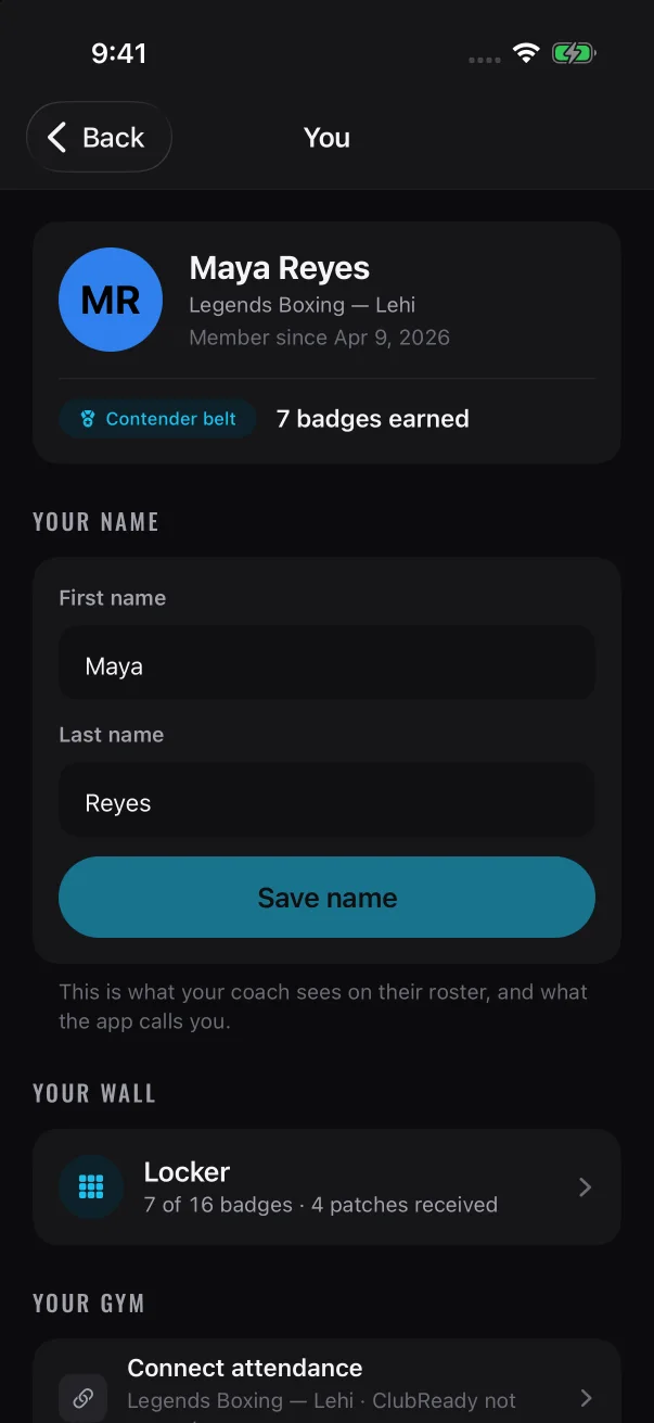 Your belt and badge count sit under a thin line in the profile card, above the name fields.