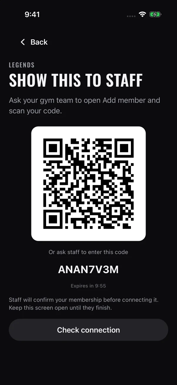 Staff can scan the QR code or type the 8-character code under it, and the countdown shows how long the code has left.