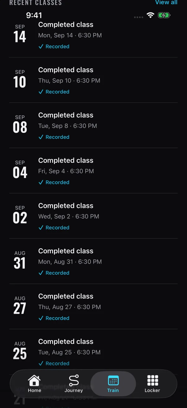 Each recorded class shows its date, the day and time in your gym's time zone, and a Recorded check.
