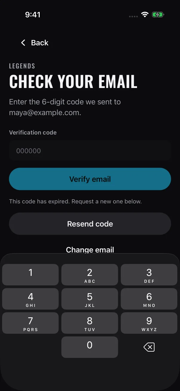 Once the code has expired, Verify email turns off and Resend code is ready to tap.