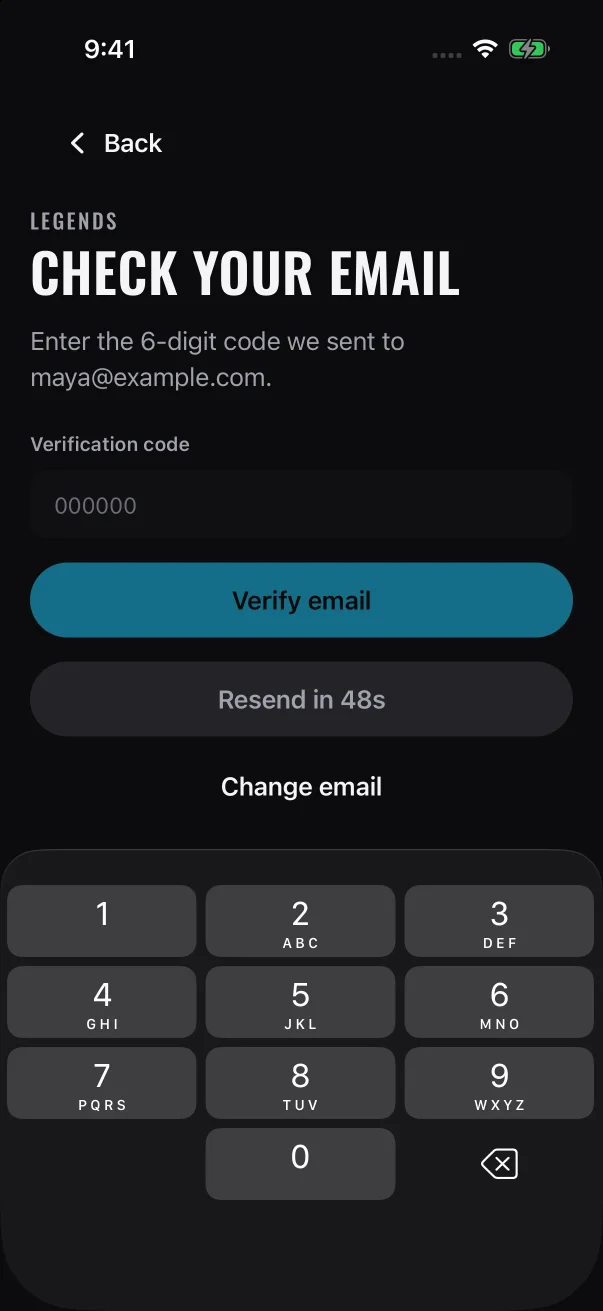 "Check your email" shows the address the code went to, and the resend button unlocks when its countdown ends.